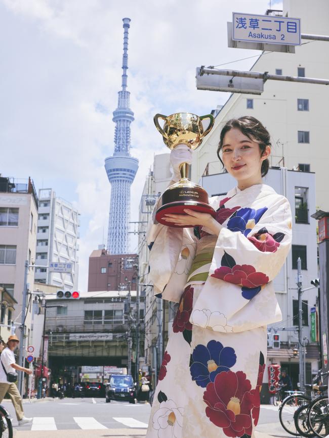 Japanese model Marina with the Cup in front of the Tokyo Skytree. Picture: Shungotanaka