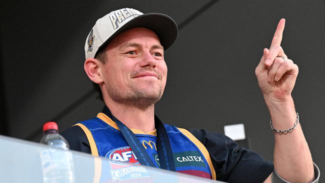 IPSWICH, AUSTRALIA - SEPTEMBER 29: Lachie Neale celebrates with fans at Brighton Homes Arena, on September 29, 2024, in Ipswich, Australia. The Brisbane Lions won the 2024 AFL Grand Final yesterday beating Sydney Swans at the MCG. (Photo by Bradley Kanaris/Getty Images)