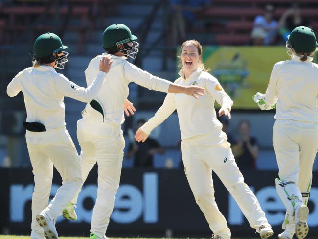 Amanda-Jade Wellington celebrates the wicket of Tammy Beaumont during day four of the women’s Ashes Test match between Australia and England in November. Picture: Mark Evans.