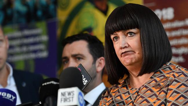 Rugby Australia chief Raelene Castle addresses the media when making the Israel Folau decision. Picture: Saeed Khan/AFP)