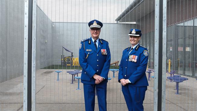 SYDNEY, AUSTRALIA - NewsWire Photos NOVEMBER 23, 2020: Dillwynia Correctional Centre Governor Emma Smith and CSNSW Commissioner Peter Severin are seen on a tour of the maximum security cell blocks courtyard during the official opening of the Dillwynia Correctional Centre in Windsor. Australia's largest women's prison focusing on education, work skills and programs and home to 531 women after the expansion, in Sydney Australia. Picture: NCA NewsWire / Gaye Gerard