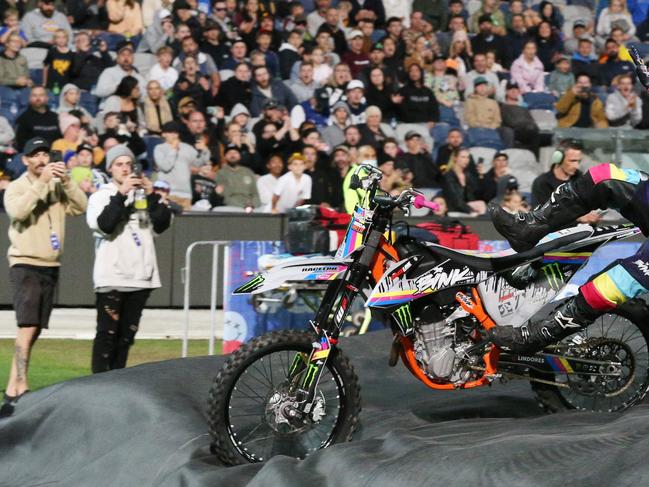 Nitro Circus at Kardinia Park on March 7, 2022. Stunts, crowd reactions, fireworks, plenty of colour. Picture: Mark Wilson