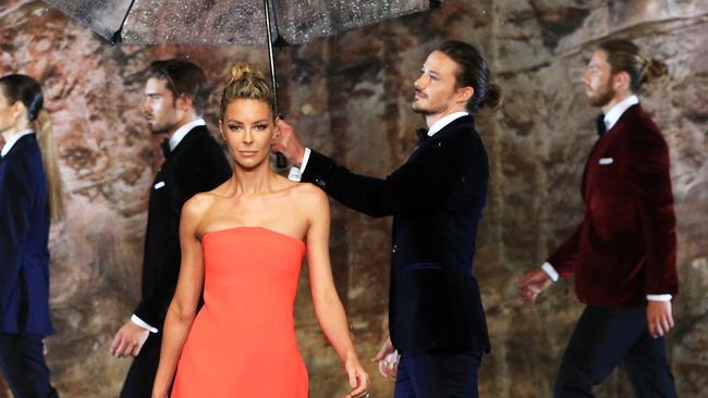 Tom Nunn from Queenscliff, on the right, shared the catwalk with big-name model Jennifer Hawkins at the Myer  Autumn/Winter fashion launch at The Cutaway in Barangaroo. Picture: Toby Zerna