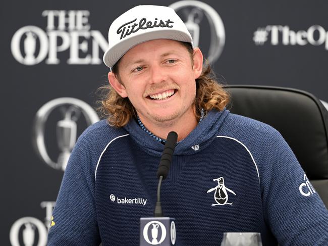 HOYLAKE, ENGLAND - JULY 17: Cameron Smith of Australia speaks during a press conference prior to The 151st Open at Royal Liverpool Golf Club on July 17, 2023 in Hoylake, England. (Photo by Ross Kinnaird/Getty Images)