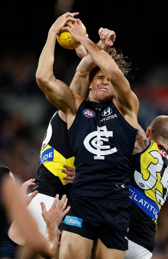 Charlie Curnow took a crucial intercept mark in defence with three minutes to play as Carlton beat Richmond by five points on Thursday night. Picture: Michael Willson / Getty Images