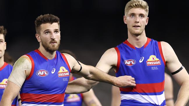 Bulldogs Marcus Bontempelli and Tim English after the Dogs lost by 2 points aginast the Power. Picture: Michael Klein