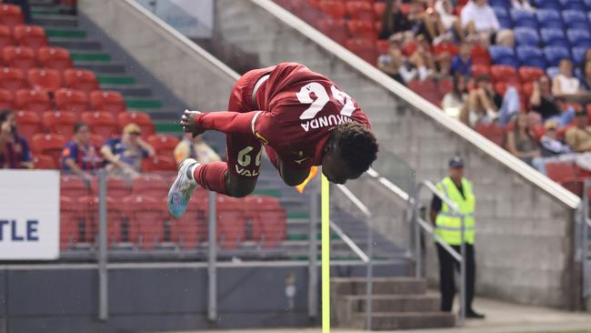 Nestory Irankunda of Adelaide United celebrates a goal against the Newcastle Jets in March. Picture: Scott Gardiner/Getty Images