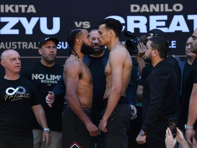 Jerome Pampellone and Malik Zinad face off ahead of their showdown on the undercard of the Nikita Tszyu-Danilo Creati fight. Picture: No Limit Boxing