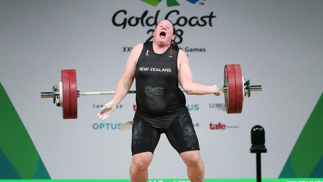 Laurel Hubbard of New Zealand reacts as she drops the bar in the women's +90kg final. Photo: Getty Images