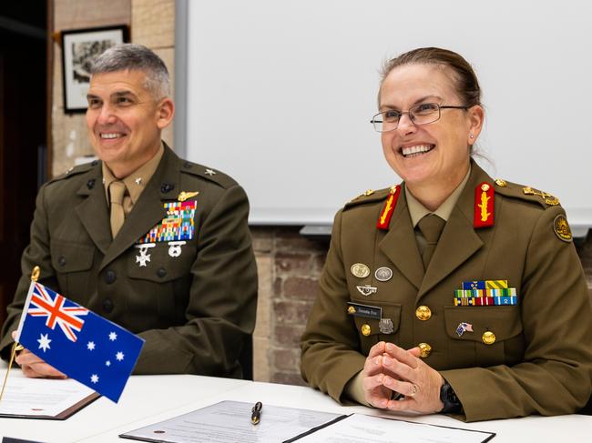 (l-r) United States Marine Corps Headquarters, Director of Strategy and Plans Division, Brigadier General Sean Salene and Deputy Chief of Army, Major General Natasha Fox, AM, CSC, sign the Memorandum of Australian and United States Marine Corps staff talks at Victoria Barracks, Sydney. Picture: Corporal Dustin Anderson/Defence