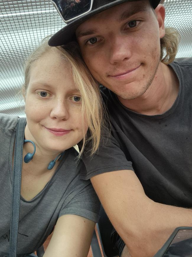 Alisha at the airport with her partner Curtis before coming to SA. Picture: Supplied,