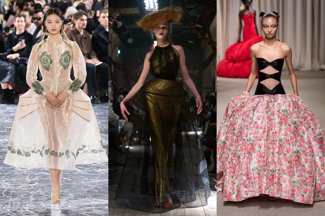 Above (L-R): Jean Paul Gaultier, Maison Margiela, Giambattista ValliHips outPanniers were all the rage at Simone Rocha’s Jean Paul Gaultier, where side hoops shone through sheer skirts—one of many nods to Gaultier’s archive. The Edwardian Gibson Girl, on the other hand, was evoked at Maison Margiela, where Galliano achieved extreme hourglasses through corsetry and padding. And at Giambattista Valli, floral was the word; in that spirit, drop-waist skirts bloomed outwards from the hips.