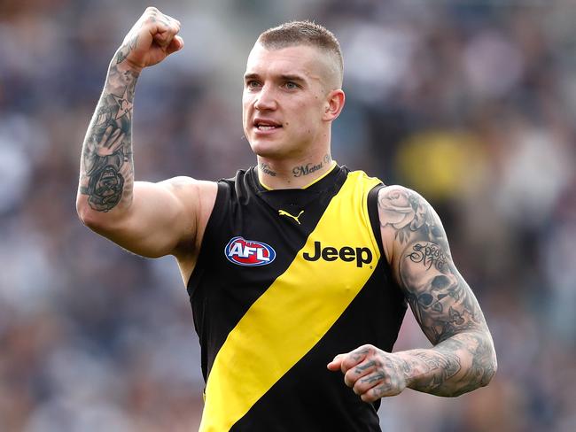 GEELONG, AUSTRALIA - AUGUST 12: Dustin Martin of the Tigers celebrates during the 2017 AFL round 21 match between the Geelong Cats and the Richmond Tigers at Simonds Stadium on August 12, 2017 in Geelong, Australia. (Photo by Adam Trafford/AFL Media/Getty Images)