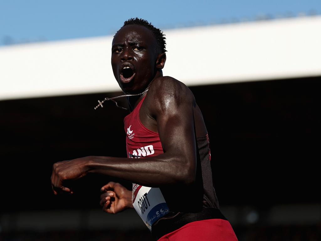 Gout Gout reacts after winning the final of the Boys' U18 200m in a National Record time of 20.04 seconds. Picture: Cameron Spencer/Getty Images