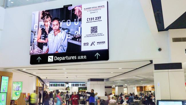 Sydney and Melbourne airport will now display images and messages about human trafficking on digital screens and billboards. Picture: Supplied.