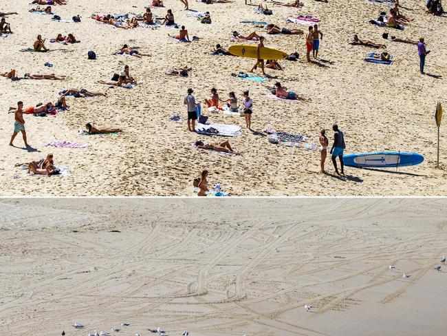 SYDNEY, AUSTRALIA: (EDITORS NOTE: Digital Composite Image) In this before-and-after composite image, Bondi Beach is seen with a large gathering of beachgoers on March 20, 2020 (top) and then on March 22, 2020 after the beach was closed to the public, due to the coronavirus (COVID-19) outbreak. Prime Minister Scott Morrison on Friday introduced further measures to help stop the spread of coronavirus (COVID-19), implementing new rules limiting the number of people inside a venue to one every 4 square metres. Non-essential gatherings of 100 or more people indoors are banned, along with outdoor gatherings of more than 500 people in a bid to contain the spread of COVID-19. A travel ban on all visitors who are not Australian citizens or residents or their direct relations arriving into the country is now in place. There are now 1286 confirmed cases of COVID-19 In Australia and 7 deaths. (Photos by Jenny Evans/Getty Images)