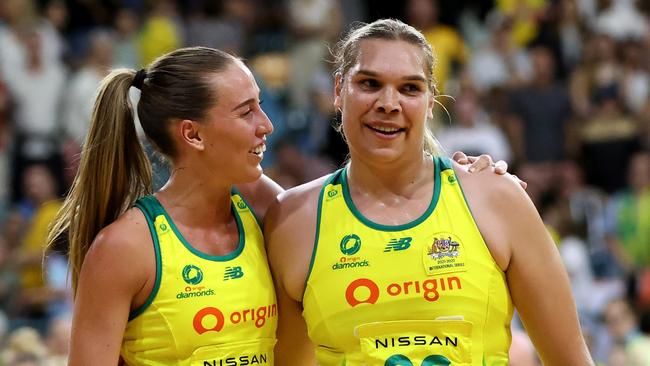 NEWCASTLE, AUSTRALIA - OCTOBER 26: Donnell Wallam of the Australia Diamonds celebrates with team mates at full time during game one of the International Test series between the Australia Diamonds and England Roses at Newcastle Entertainment Centre on October 26, 2022 in Newcastle, Australia. (Photo by Brendon Thorne/Getty Images for Netball Australia)