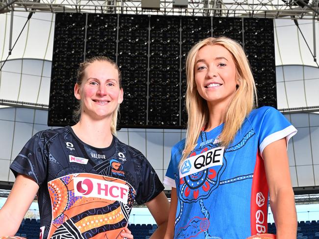 (LtoR) Netballers April Brandley (Giants) and Helen Housby (Swifts) pose for a photo for the Super Netball Indigenous Round.Photo Jeremy Piper