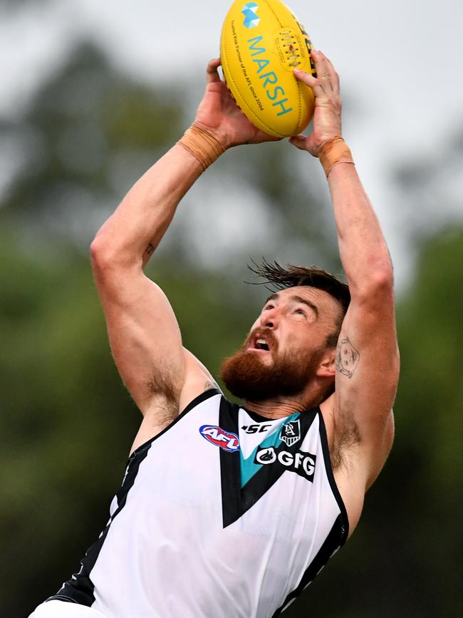 Charlie Dixon marks strongly in this year’s pre-season game against Brisbane. Picture: Darren England