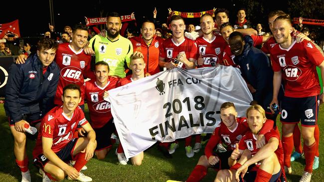 Adelaide United players celebrate their FFA Cup semi-final win against Bentleigh Greens SC last week. Picture: Robert Prezioso/Getty Images