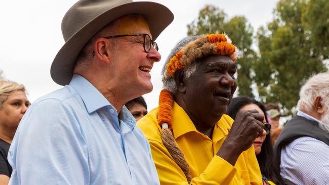 Prime Minister of Australia Anthony Albanese and Galarrwuy Yunupingu during the Garma Festival 2022. Picture: Tamati Smith/Getty Images