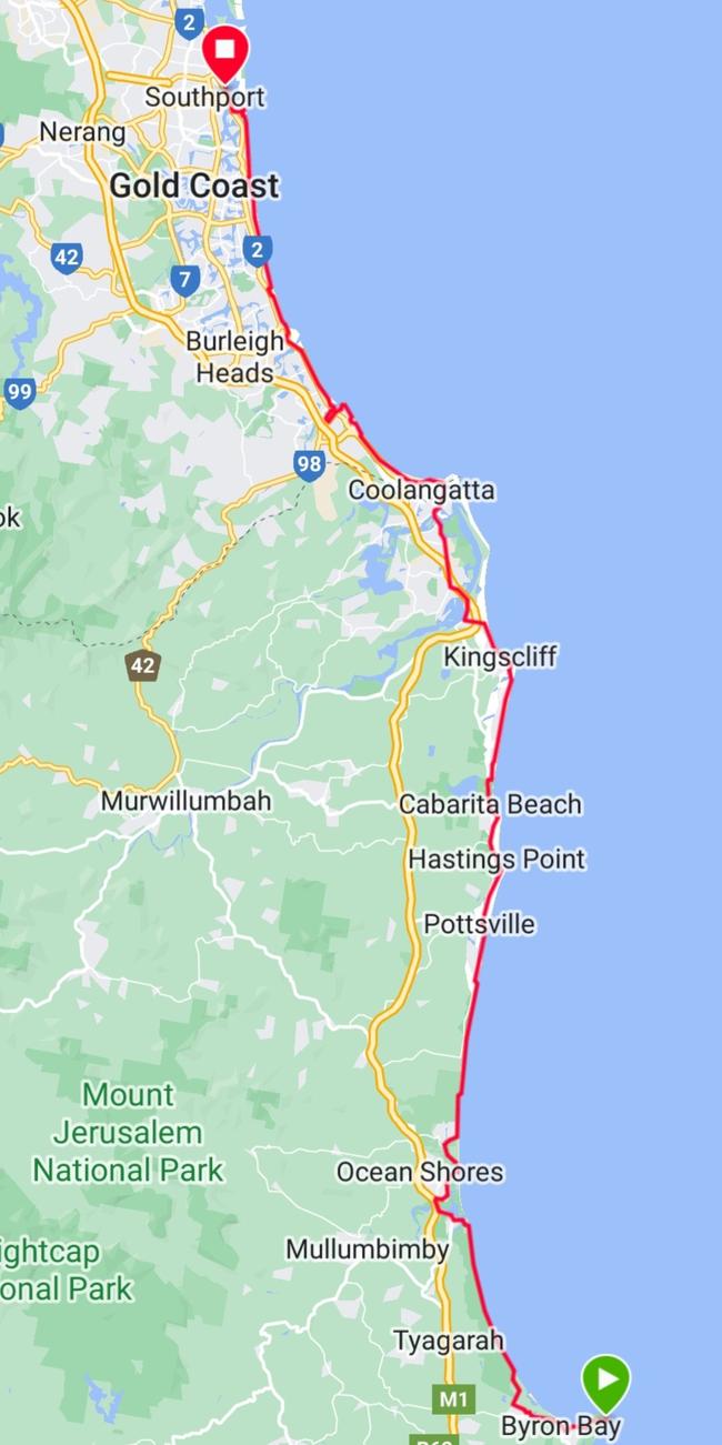 The run route - from Byron to Southport. Picture: Supplied