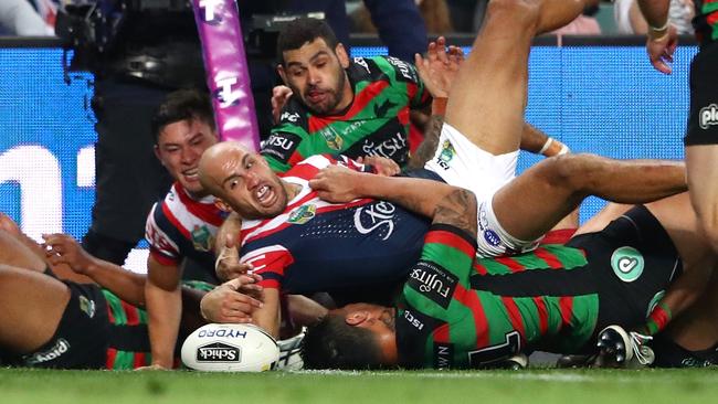 Blake Ferguson scores for the Roosters against the Rabbitohs.