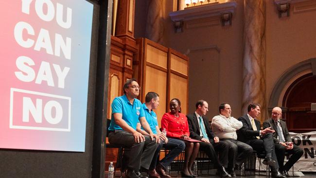 Australian Christian Lobby’s Lyle Shelton, Senator Lucy Gichuhi, Liberal MP Tony Pasin and Senator Cory Bernardi at the Coalition for Marriage’s meeting at the Adelaide Town Hall. Picture: AAP/Matt Loxton