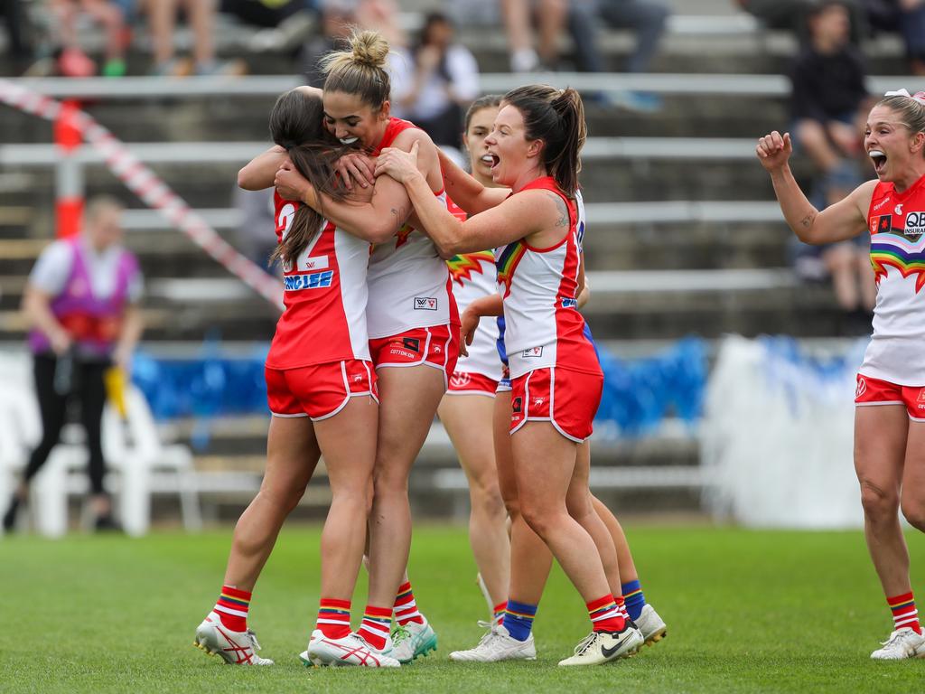 Montana Ham celebrates after a first quarter goal. Picture: Linda Higginson/Getty Images.