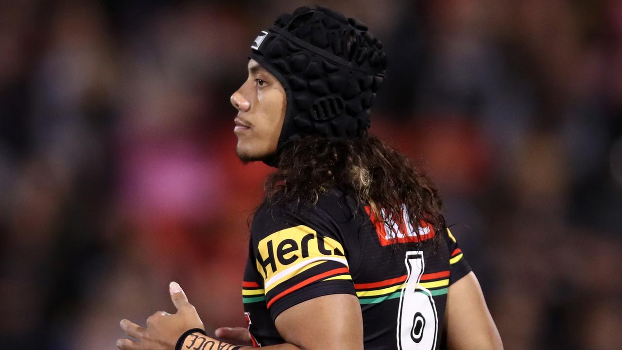 PENRITH, AUSTRALIA - AUGUST 04: Jarome Luai of the Panthers warms up ahead of the round 23 NRL match between Penrith Panthers and Melbourne Storm at BlueBet Stadium on August 04, 2023 in Penrith, Australia. (Photo by Jason McCawley/Getty Images)