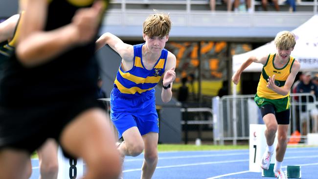 Ashgrove, Blue Gold - Marist take off on Day 3 at the Queensland All Schools track and field championships at QSAC. Picture, John Gass