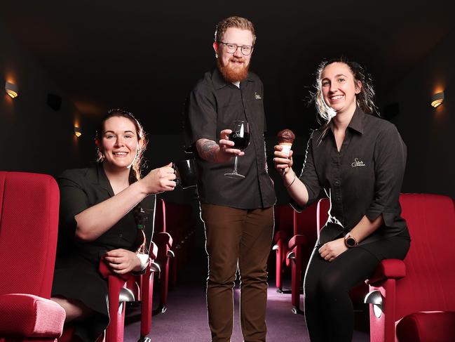 State Cinema staff Tiffany Essen, left, Chris Upton and Emily O’Neal staff ready to welcome more patrons back. Picture: NIKKI DAVIS-JONES