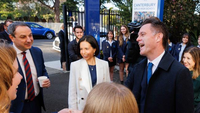 NSW Premier Chris Minns, Deputy Premier Prue Car and NSW Department of Education Secretary Murat Dizdar (left) at Canterbury Girls High School. Picture: NCA NewsWire / David Swift