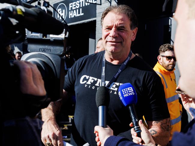 17/06/2024 CFMEU members outside festival hall during the voting on the new EBA. Aaron Francis / Herald Sun