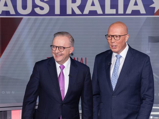 NCA 2025 FEDERAL ELECTION BUS. 27/04/2025 Australian Prime Minister Anthony Albanese meets Opposition Liberal leader Peter Dutton at the Channel 7 leaders debate.Picture: Jason Edwards / NewsWire