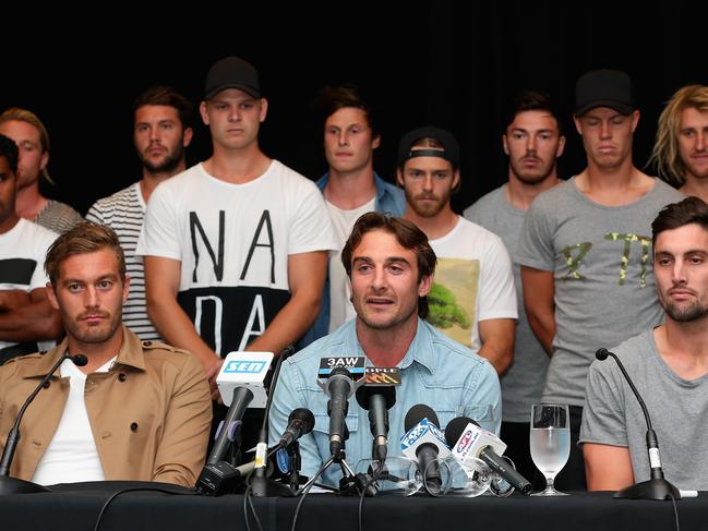 Jobe Watson speaks to media in 2015. Picture: Quinn Rooney/Getty Images