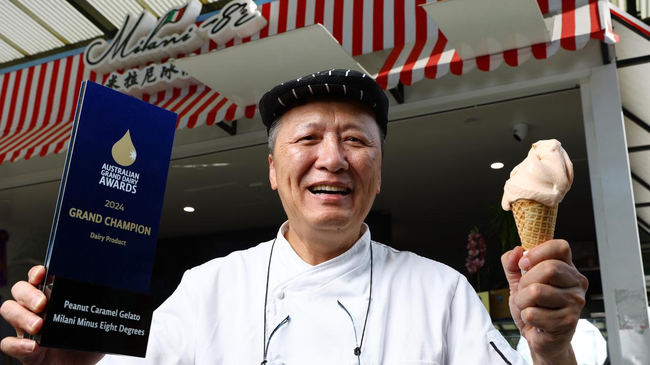 Artisan gelato master Yue Lin took out the Grand Champion award at the 2024 Australian Grand Dairy Awards, pictured outside Milani Minus Eight Degrees Gelateria at Market Square in Sunnybank. Picture: Lachie Millard