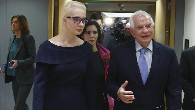 Alexei Navalny's widow Yulia Navalnaya and European Union Foreign Policy Chief Josep Borrell arrive for a meeting of EU Foreign Ministers in Brussels. Picture: AFP.