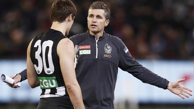 Collingwood assistant Justin Longmuir (right) is highly regarded and also believed to be in the mix to become Fremantle’s next coach. Picture: Daniel Pockett/Getty Images