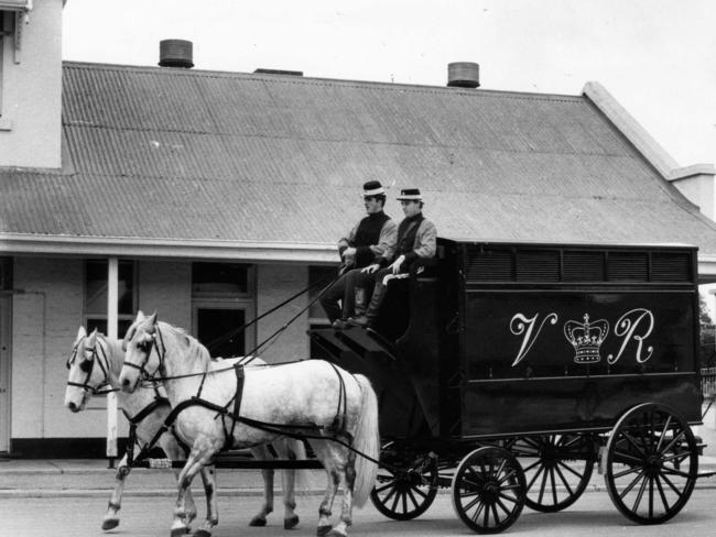 A horse-drawn historical paddy wagon at the police barracks in 1986.