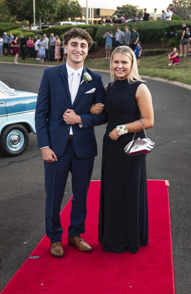 Graduate Riley Zanette and partner Ashlee Currie arrive at Mary MacKillop Catholic College formal at Highfields Cultural Centre, Thursday, November 14, 2024. Picture: Kevin Farmer