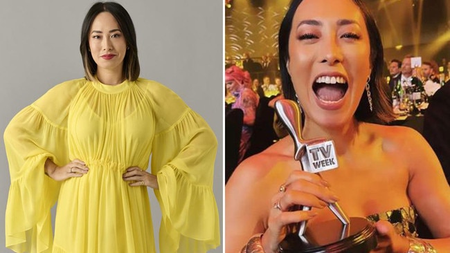 MasterChef Australia judge Melissa Leong, left, celebrates a Logie win for the show last year, right. Pictures: Supplied