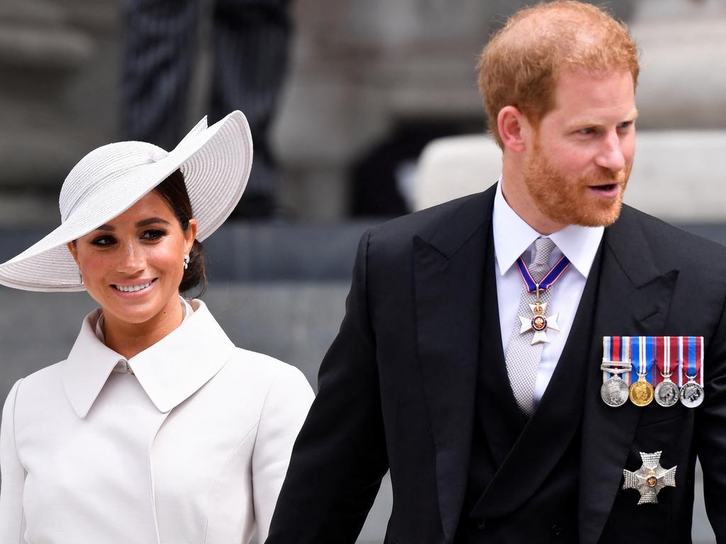 Prince Harry and wife Meghan Markle attend the National Service of Thanksgiving at St Paul's Cathedral during the Queen's Platinum Jubilee. Picture: Toby Melville - WPA Pool/Getty Images