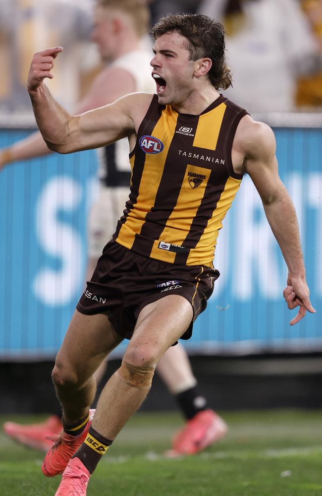 Nick Watson celebrates a goal against Collingwood. Picture: Darrian Traynor/Getty Images