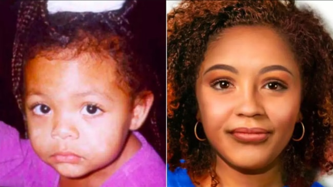 Teekah at the time of her disappearance aged two, and what she may look like now. Picture: Tacoma Police Department.