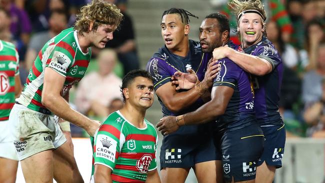 MELBOURNE, AUSTRALIA - MARCH 17: Justin Olam of the Storm celebrates a try during the round two NRL match between the Melbourne Storm and the South Sydney Rabbitohs at AAMI Park, on March 17, 2022, in Melbourne, Australia. (Photo by Kelly Defina/Getty Images)