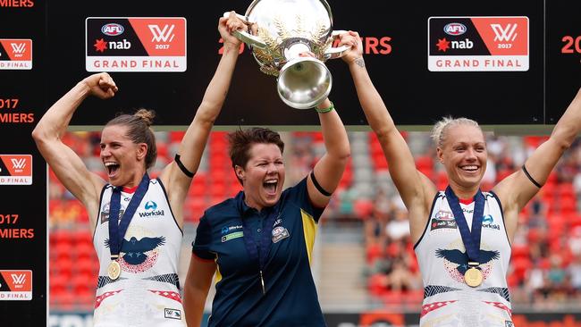 Chelsea Randall, Bec Goddard and Erin Phillips celebrate the 2017 AFLW premiership. Picture: Michael Willson/Getty Images