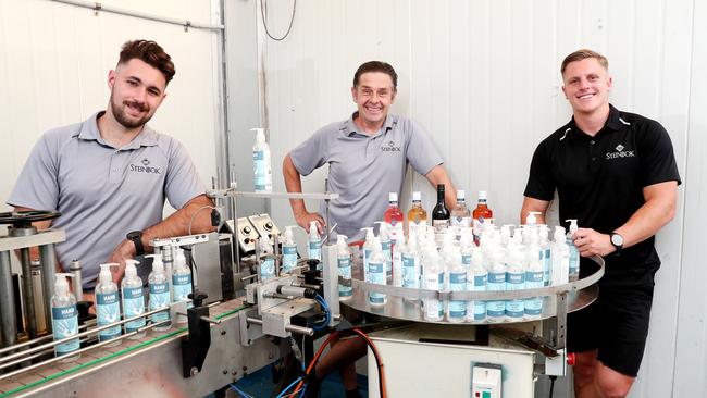 Steinbok Schnapps owner Gavin Yates (centre) and staff Brodyn Mill and Nick Newman have started producing hand sanitiser and giving small personal bottles to local police/paramedics. Picture: Sue Graham