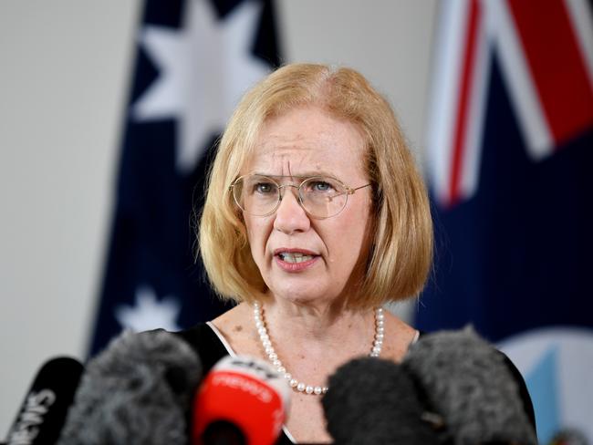 Queensland chief health officer Dr Jeanette Young announcing measures to contain a UK variant of COVID-19 detected in six people in the state. Picture: NCA NewsWire / Dan Peled