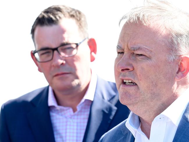 Federal MP Anthony Albanese and Victorian Premier Daniel Andrews address the media on the rooftop of the Chen Hotel in Box Hill , Melbourne, Sunday, October 14, 2018. Bill Shorten is backing the Victorian Labor government's promise for a new suburban rail loop, pledging to tip in $300 million. (AAP Image/Penny Stephens) NO ARCHIVING